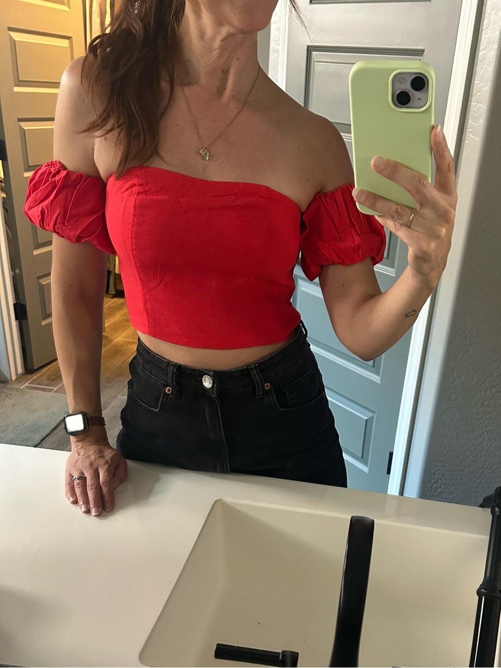 Off-Shoulder Crop Top with Puff Sleeves - Red
